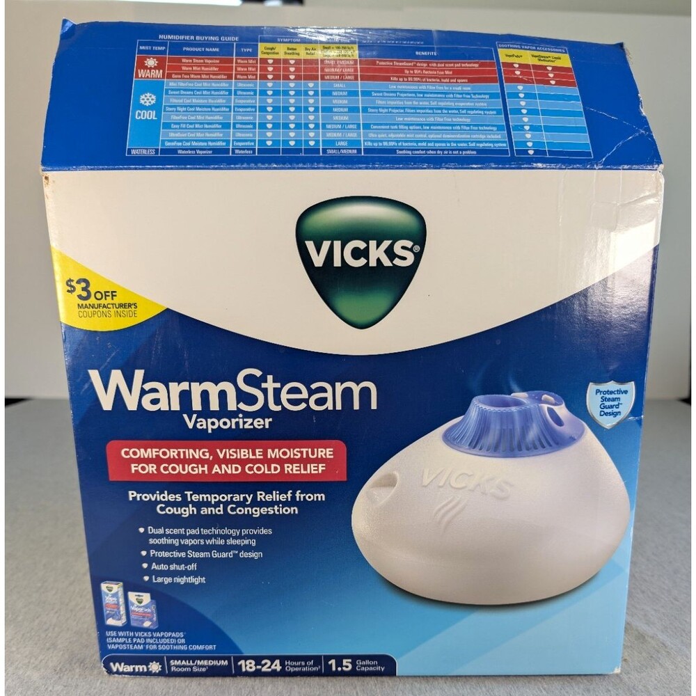 Vicks WarmSteam Warm Mist Vaporizer 1.5 Gal Auto Shut-off Night Light Blue